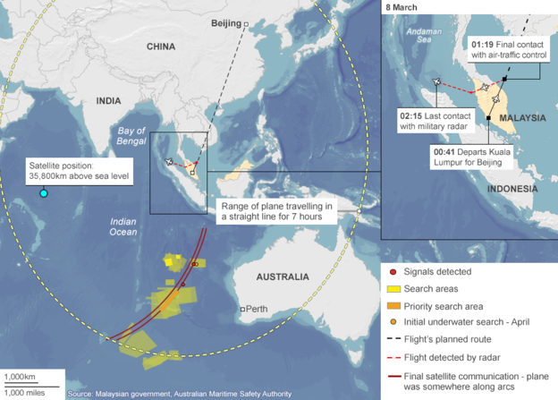 Posisi terakhir MH370 dan wilayah pencarian. Sumber: ichef-1.bbci.co.uk 