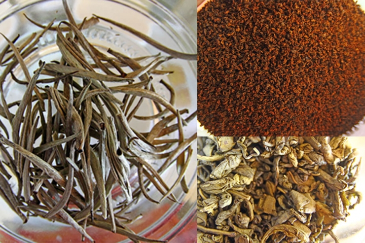 Searah jarum jam (white tea, black tea, dan green tea) adalah jenis-jenis teh (dok.pri).