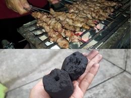 Agar lebih ramah lingkungan, daging sate dibakar dengan briket tempurung kelapa (dok. pribadi).