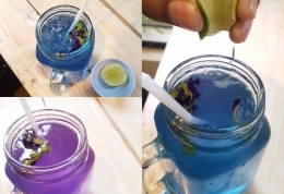 Teh Biru berubah warna menjadi ungu setelah ditetesi air jeruk nipis (dok. pribadi).