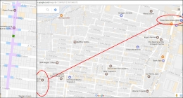 Denah 'Pasar Progo' dan jaraknya dari Pasar Rakyat Wadungasri Baru, hasil olahan dari Google Maps. Warna ungu menunjukkan lokasi pedagang yang semakin berkembang, Biru menunjukkan lokasi parkir, Hijau merupakan titik cikal bakal pasar.