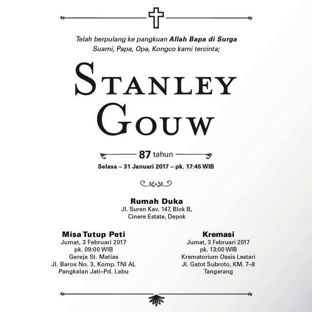 Berita duka cita meninggalnya Stanley Gouw. (Foto: Istimewa)