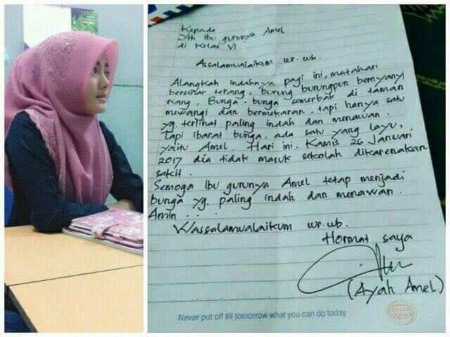 Surat Izin Sakit Amel yang anti-mainstream dan perempuang yang diduga ibu guru Amel. Sumber: Akun @Stakof Twitter