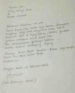 Penampakan surat balasan dari Ibu guru Amel yang berisi kata-kata puitis. Sumber: Okezone News
