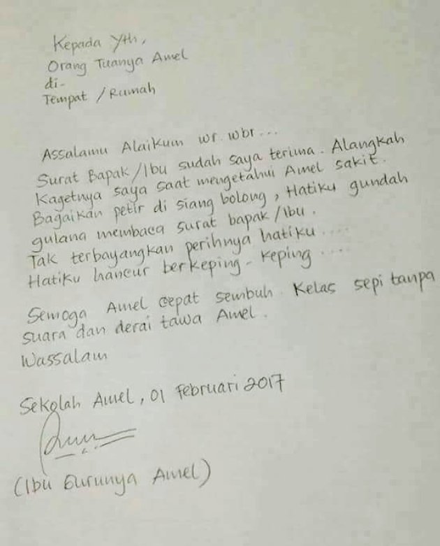 Penampakan surat balasan dari Ibu guru Amel yang berisi kata-kata puitis. Sumber: Okezone News