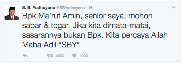 tangkapan layar dari cuitan @SBYudhoyono
