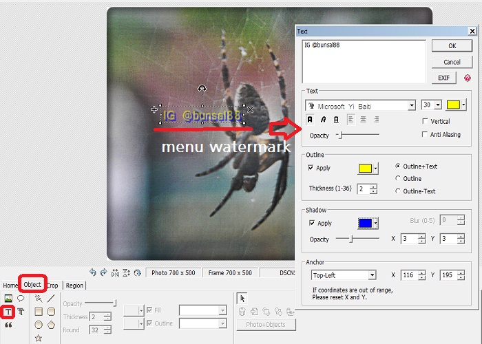 Watermark. Pilihan fontnya banyak, juga pilihan efek tulisan.
