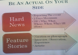 Deskripsi : Salah satu slide yang isinya tentang Hard News & Feature Stories I Sumber Foto : Slide Ani Berta