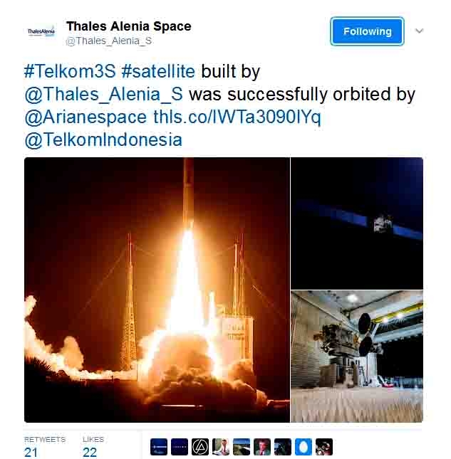 Satelit Telkom 3S Sukses diluncurkan Untuk Kemajuan Era Digital Indonesia. sumber: ThalesAlenia Twitter / dokpri