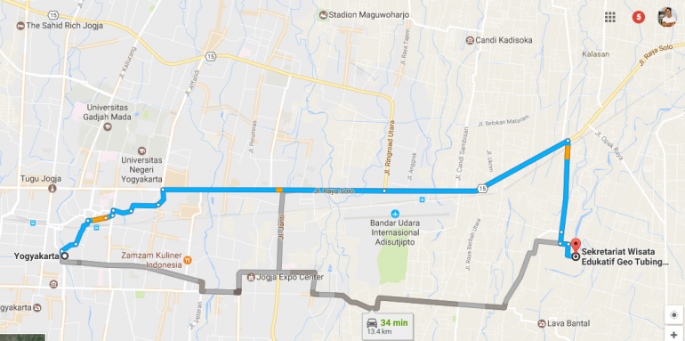 Estimasi jarak dan waktu tempuh menuju Geo Tubing Lava Bantal (google maps)