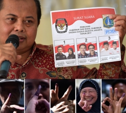 Sumarno, Ketua Komisi Pemilihan Umum Provinsi (KPUD) DKI Jakarta, menunjukkan contoh surat suara Pilkada DKI Jakarta Tahun 2017. Dan, warga Jakarta dengan penuh suka-cita menunjukkan jari mereka, sebagai pertanda bahwa mereka sudah menentukan pilihan di bilik suara. Foto: Antara