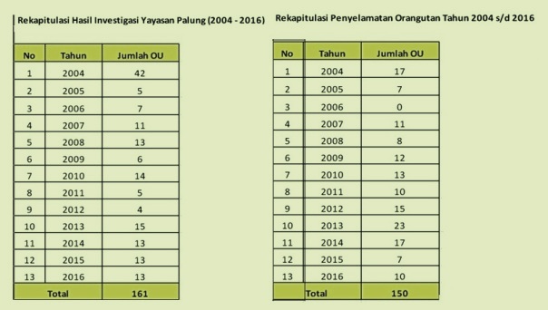 Rekapitulasi hasil investigasi dan penyelamatan orangutan di Kalbar Yayasan Palung tahun 2004-2016