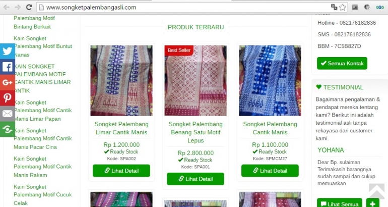Tampilan Website dari Penjual Kain Songket Khas Palembang (Sumber: www.songketpalembangasli.com)