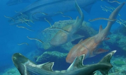 Rekonstruksi ikan purba Sparalepis tingi  (paling depan)  dan ikan lainnya yang hidup di era Silurian 423 juta tahun lalu yang ditemukan di formasi Kuanti di Yunnan. Sumber :  Brian Choo  