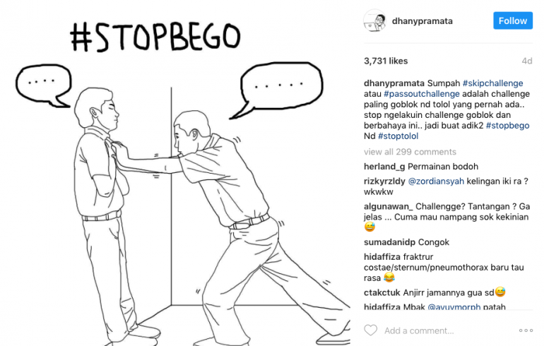 Ilustrasi yang menggambarkan kecaman terhadap permainan #SkipChallenge/Instagram @dhanypratama