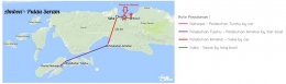 Ilustrasi, rute yang kami tempuh dari Pulau Ambon menuju Desa Sawai di Pulau Seram utara. Tanda “bintang” letak Panai Air Belanda