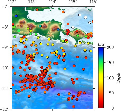 Gambar 1. Sebaran gempa bumi yang terjadi di Pulau Bali dan sekitarnya dari tahun 1971-2016. Data diperoleh dari USGS. (dok.pribadi)