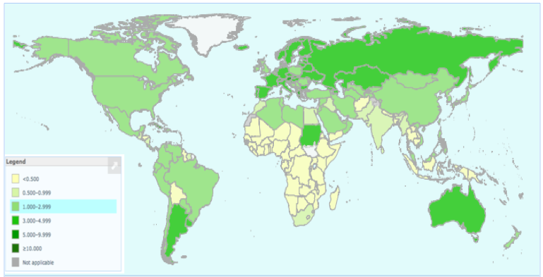 Peta Persebaran Dokter di Dunia (Sumber: WHO)
