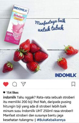 Serat yang sehat dari strawberry kini juga bisa dinikmati dalam susu UHT 250ml Indomilk lho! (IG @indomilk)