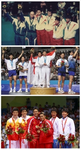 Tiga pasangan ganda putra yang meraih medali emas Olimpiade untuk Indonesia: Ricky/Rexy (1996), Candra/Tony (2000) dan Hendra/Kido (2008), dari atas ke bawah. (sumber foto: BOLA, Tribunnews, Zimbio) 