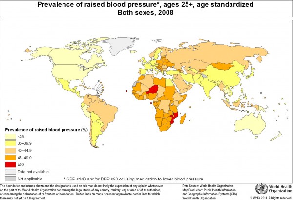 Peta resiko darah tinggi dunia. Sumber: WHO