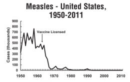 Grafik penurunan kasus penyakit cacar di Amerika Serikat, tahun 1950-2011. Source : Center of Disease Control and Prevention. Epidemiology and Prevention of Vaccine-Preventable Disease. Edisi 13. April 2015