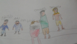 Abang, aku, om Hafis dan tante Mita sedang membakar ikan (Ilustrated by Xien Lintang Tuahnaru)