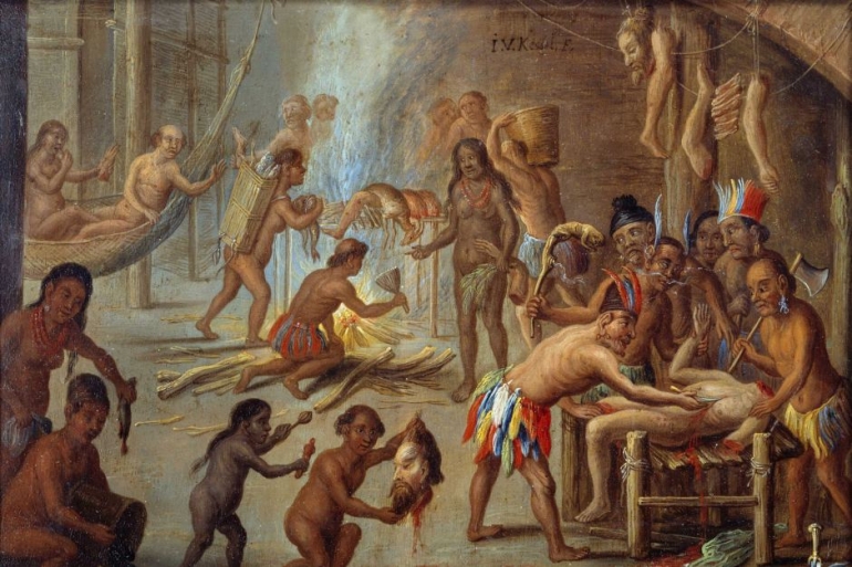 Paktek kanibalisme di Brazil yang digambarkan di lukisan tahun 1644. Photo: Getty Images: Corbis Historical