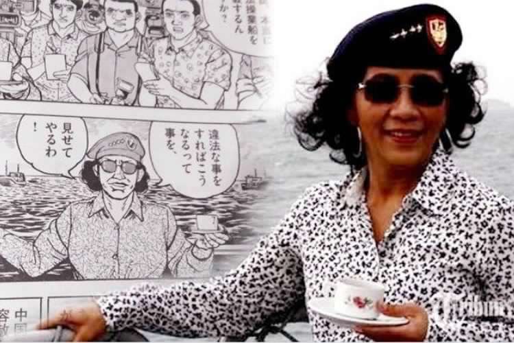 Susi Pudjiastuti dengan latar belakang sketsa dirinya dalam coretan komikus Jepang Sumber: Kompas.com