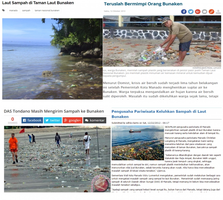 Berbagai Berita Menceritakan Masalah Kebersihan di Bunaken. | Sumber : tamannasional.org, antaranews.com, dan traveltextonline.com