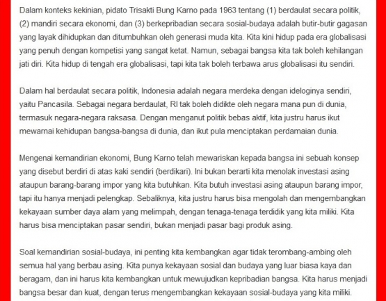 Ini bahasan tentang Pidato Trisakti Bung Karno yang saya petik dari tempo.co berjudul Falsafah Nawa Cita, pada Sabtu, 04 Oktober 2014 | 02:19 WIB. Narasi ini berupaya menjabarkan, bagaimana mengimplementasikan gagasan Bung Karno dengan kondisi kekinian bangsa di era globalisasi. Foto: tempo.co