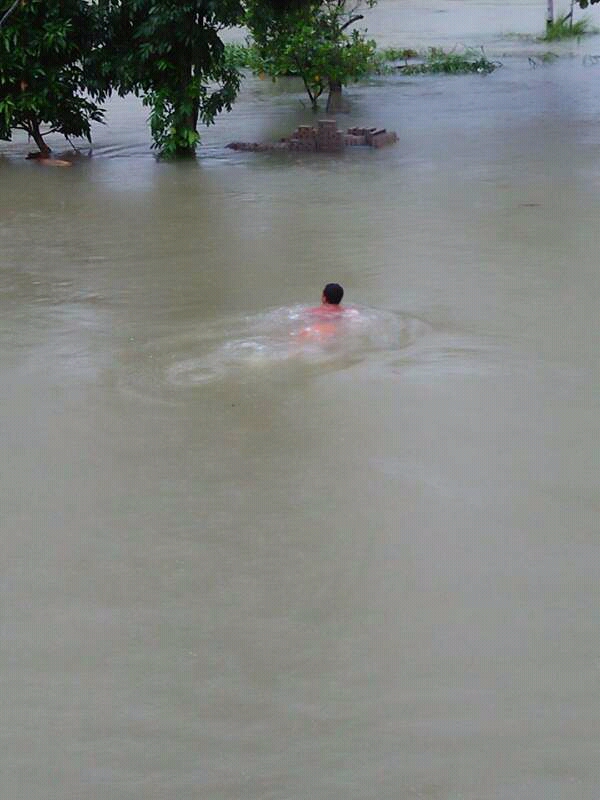 Salah seorang warga berenang saat banjir melanda. Foto dok. A. Samad