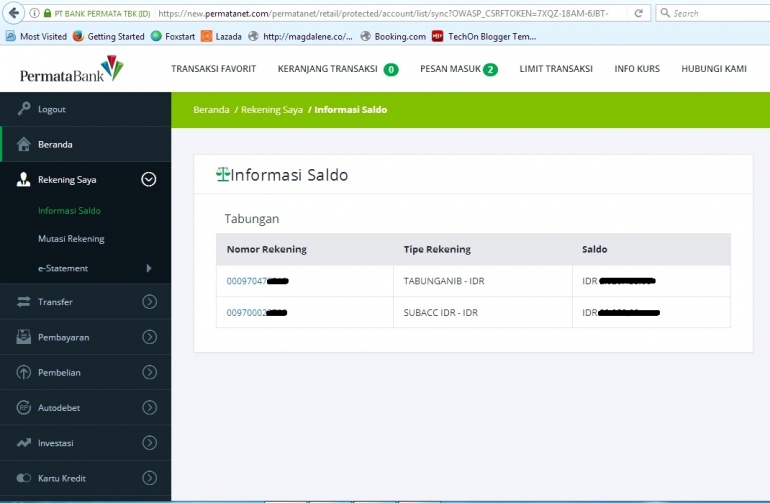 Pada internet banking akan tertera dua rekening yang dapat kita pantau dan kelola. Dok pribadi
