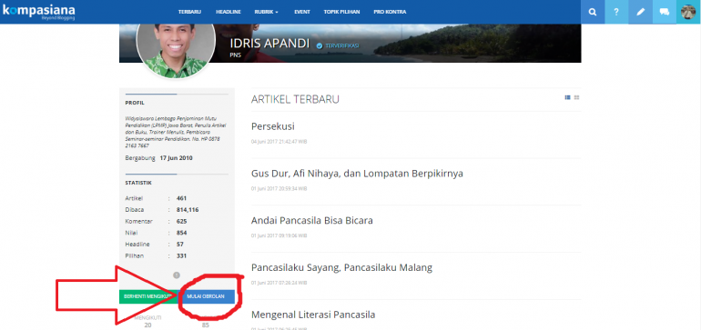 Screenshot halaman depan akun Kompasiana Idris Apandi