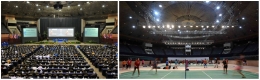 Plenary Hall JCC yang biasa dipakai untuk konferensi (kiri) sekarang disulap jadi arena bulutangkis untuk Indonesia Open (kanan). (sumber foto: detik.com)