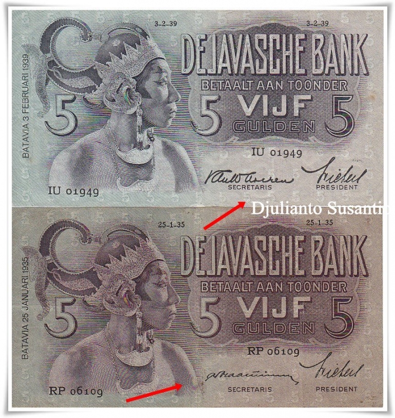Gambaran variasi tanda tangan pada uang 5 Gulden (Dokpri)