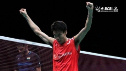 Kazumasa Sakai rayakan kemenangan atas HS Prannoy/ djarumbadminton.com