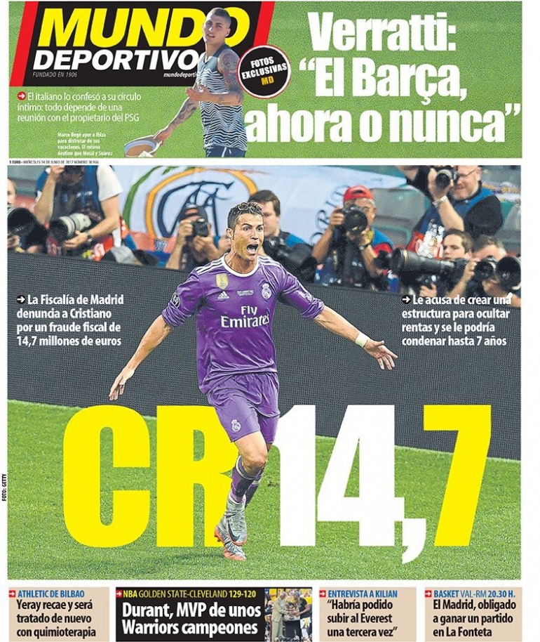 Cover Mundo Deportivo yang membuat Ronaldo sebagai covernya dengan tulisan CR 14,7 sebagai sindiran terhadap dugaan penggelapan pajak di Spanyol. Sumber : detik.com