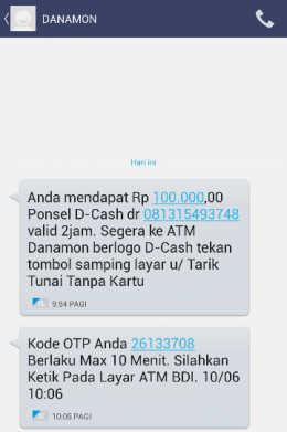 SMS dari Danamon dan Kode OTP untuk tarik tunai tanpa kartu (dokpri)