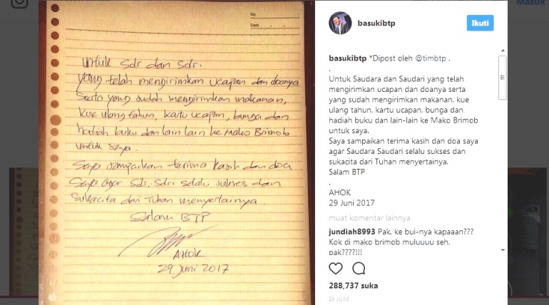 Tulisan Ahok yang diunggah di akun Instagramnya @basukibtp