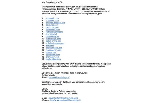 Surat Kemenkominfo soal media online yang diblokir (Republika)