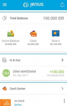 mencoba berbagai fitur di rekening Jenius dengan dana awal Rp 100.000,-. (screenshot: dokpri)
