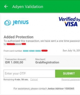 rekening Jenius melalui fitur e-card Visa dapat digunakan untuk transaksi online pengganti kartu kredit seperti transaksi GrabPay (screenshot: dokpri)