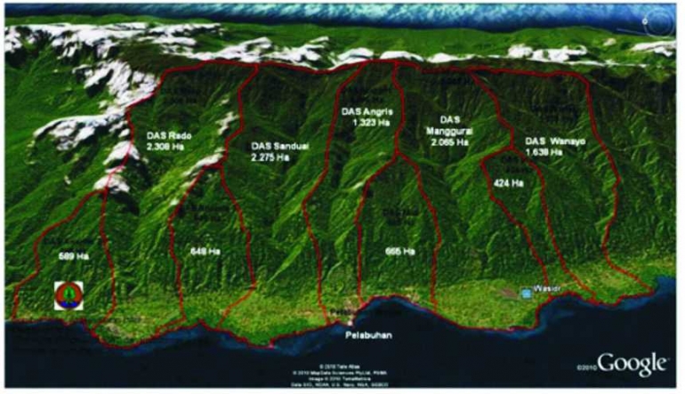 Lanskap wilayah Teluk Wondama dengan sembilan daerah aliran sungai. Sumber Blog Konservasi Kepala Burung Papua| Google Earth