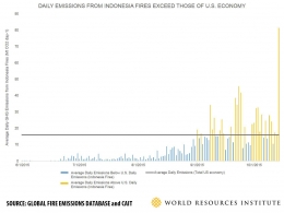 Estimasi Emisi CO2  Bencana Kebakaran Tahun 2015 Dibandingkan Dengan Emisi CO2 AS (Sumber: wri.org)