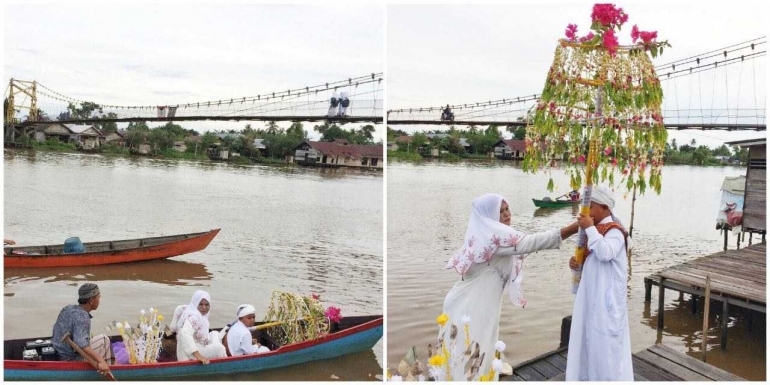 Seorang ibu mengantarkan anaknya mengikuti tradisi khatam Al-Quran dan peringatan maulid Nabi Muhammad SAW di Lok Baintan, Kalimantan Selatan. (Dok.Pribadi)