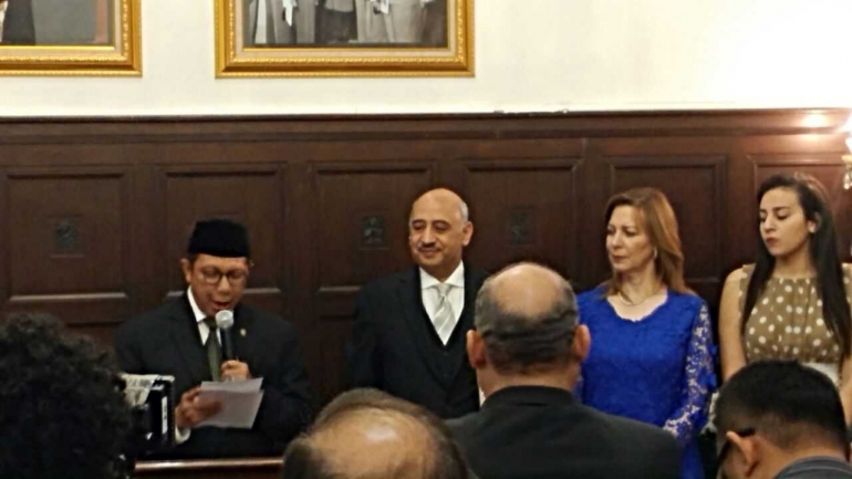 Arsip pribadi: Menteri Agama Lukman Hakim Saifuddin memberikan sambutan mewakili Pemerintah RI dalam acara National Day of Egypt di Kedubes Mesir, Jakarta pada 20 Juli 2017. Di samping kirinya berdiri Dubes Mesir untuk Indonesia bersama Nyonya.