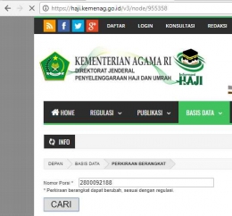 Screenshot: Cek perkiraan berangkat haji di website Kemenag