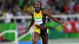 Elaine Thompson saat menjuarai 100 M putri ,Rio 2016 sumber foto by : Stabroek News