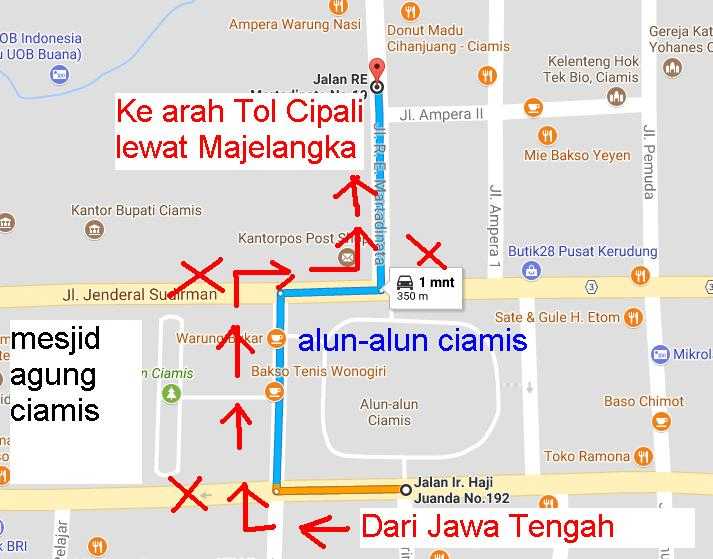 Perhatikan arah dari alun-alun Ciamis ke Cipali (sumber gambar: Google dimodifikasi: penulis)